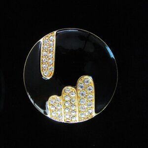 Vintage MONET round black enamel brooch with rhinestones - Art Deco Revival